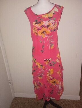 Dressbarn Pink Floral Maxi Dress with Yellow Blooms SZ16